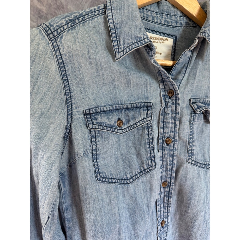 Arizona Jean Co Womens XS Blue Chambray Denim Button Down Shirt Raw Hem Cotton - Picture 4 of 7